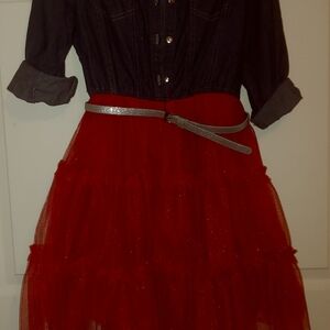 Lilt Denim and Red Dress with Glittery Silver Belt